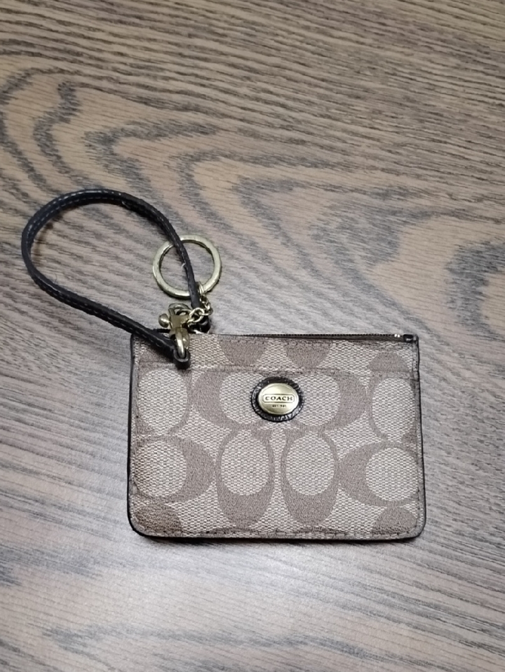 Coach Brown Signature Wristlet Card Case with Keyring